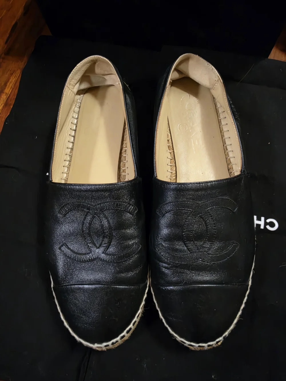 CHANEL Black Leather CC Espadrilles with Rope Sole